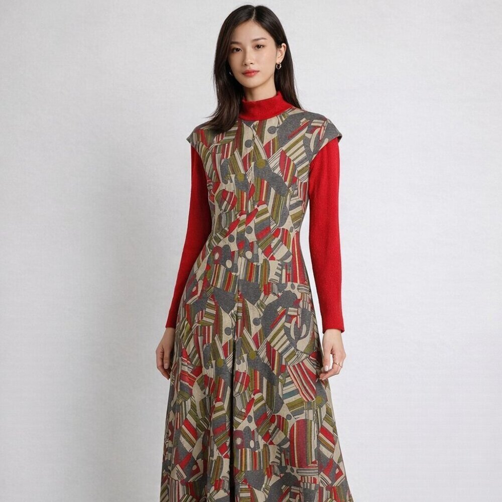 Vintage 60s 70s Red Geometric Print Long Sleeve Zip Back Retro Midi Dress - Picture 2 of 14
